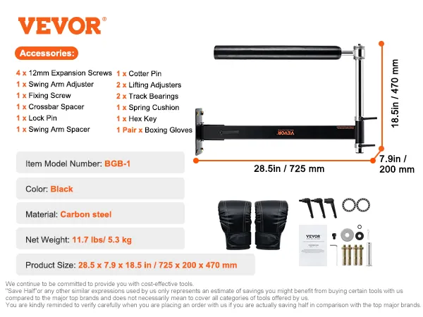 VEVOR wall mount boxing spinning bar, black carbon steel, 28.5x7.9x18.5 inches, accessories included.