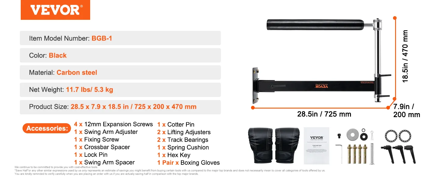 VEVOR wall mount boxing spinning bar, black carbon steel, 28.5x7.9x18.5 inches, accessories included.