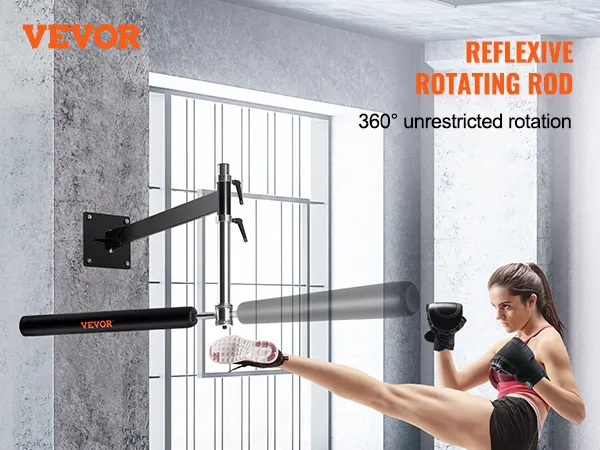 woman practicing kicks on VEVOR wall mount boxing spinning bar in a modern, bright gym setting.