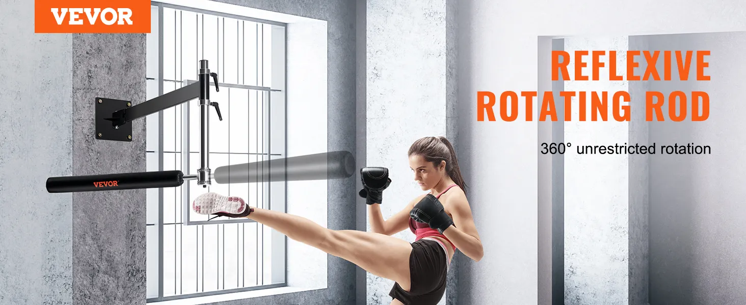 woman practicing kicks on VEVOR wall mount boxing spinning bar in a modern, bright gym setting.