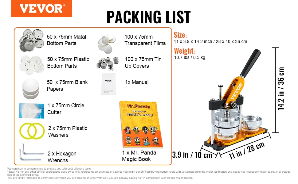 Packliste für den VEVOR-Buttonmaker mit Buttonteilen, transparenten Folien, Handbuch und Mr. Panda-Zauberbuch.