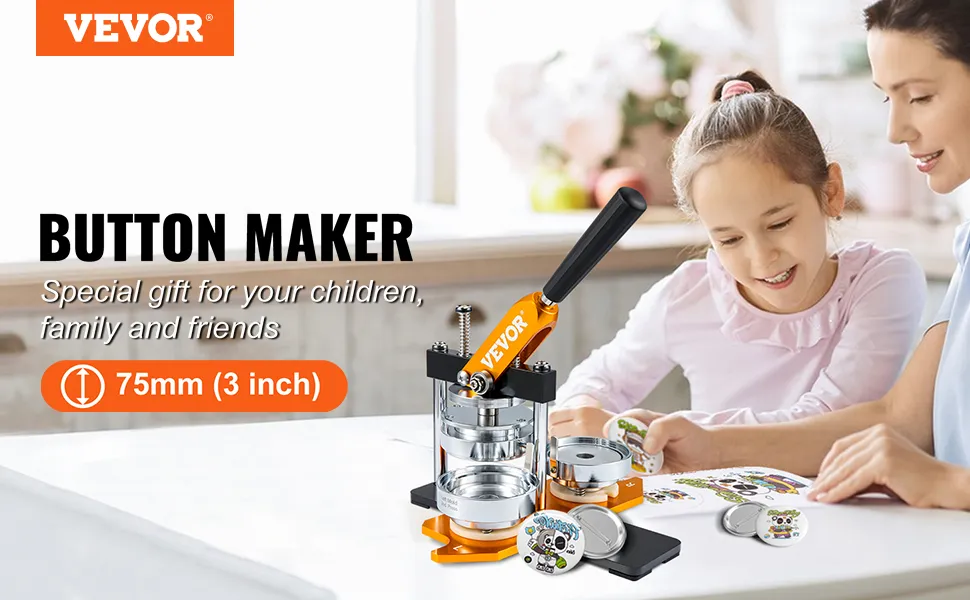 VEVOR-Buttonmaker 75 mm (3 Zoll) mit einer Familie, die an einem Tisch individuelle Buttons herstellt. Besonderes Geschenk für Kinder.