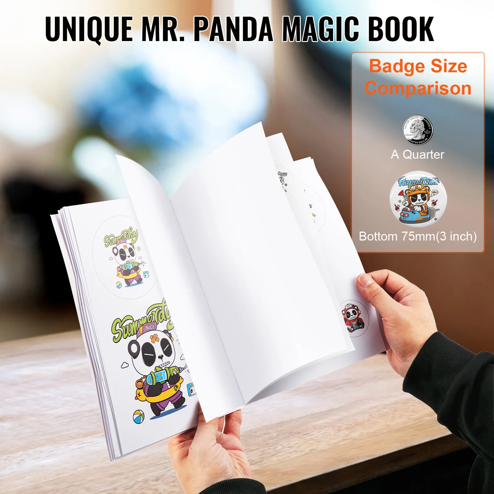 Person, die das einzigartige Zauberbuch von Mr. Panda durchblättert, mit einem Größenvergleich einer Panda-Illustration.