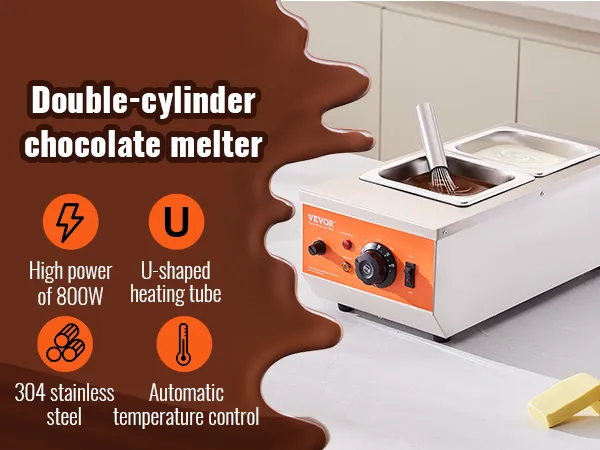 Maszyna do temperowania czekolady VEVOR z podwójnymi cylindrami, mocą 800 W i automatyczną kontrolą temperatury.
