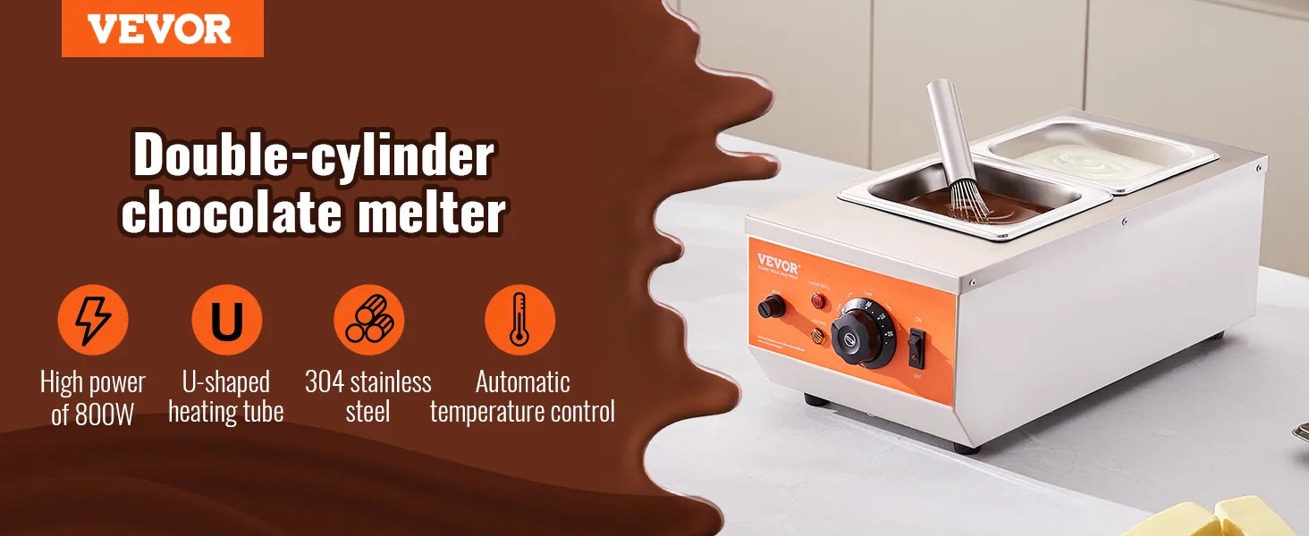 Maszyna do temperowania czekolady VEVOR z podwójnymi cylindrami, mocą 800 W i automatyczną kontrolą temperatury.