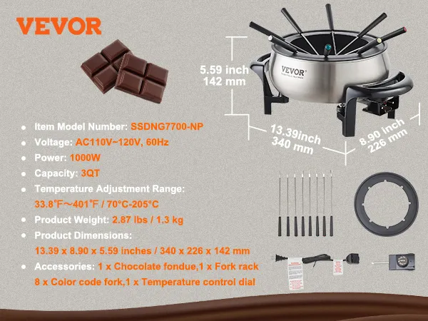 Olla de fondue eléctrica VEVOR, 3qt, 1000w, acero inoxidable, 8 tenedores, control de temperatura y accesorios.