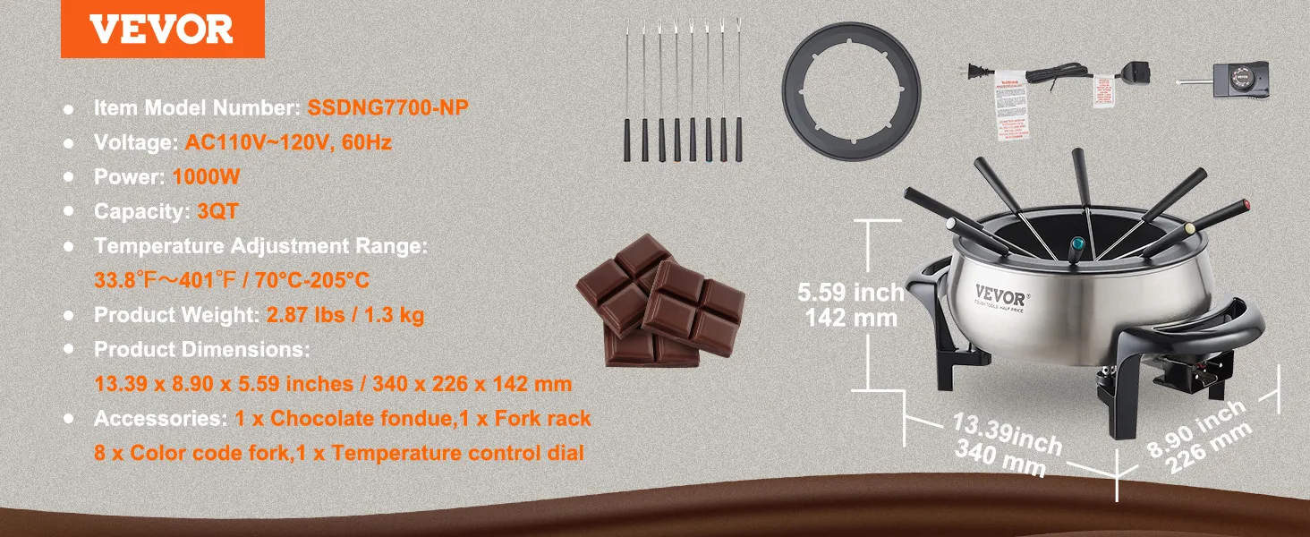 Olla de fondue eléctrica VEVOR, 3qt, 1000w, acero inoxidable, 8 tenedores, control de temperatura y accesorios.