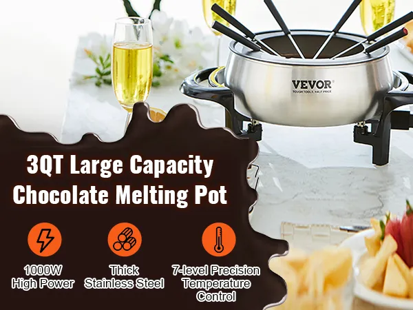 Olla de fondue eléctrica VEVOR, acero inoxidable de 3 qt, 1000 w, temperatura de precisión de 7 niveles, copas de vino cerca.