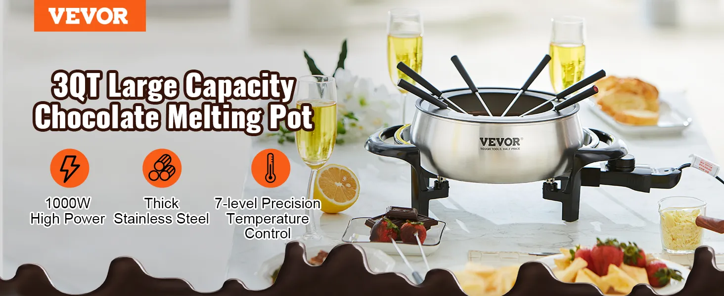 Olla de fondue eléctrica VEVOR, acero inoxidable de 3 qt, 1000 w, temperatura de precisión de 7 niveles, copas de vino cerca.
