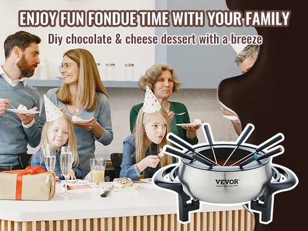 Familia disfrutando del postre alrededor de la olla de fondue eléctrica VEVOR, con regalos y comida en la mesa.