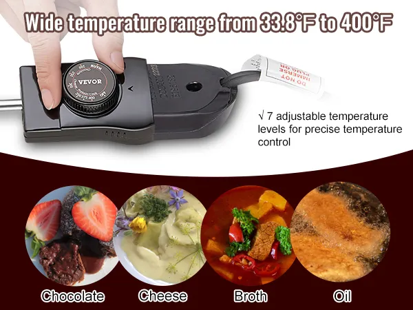 Olla de fondue eléctrica VEVOR de amplio rango de temperatura con 7 niveles ajustables para chocolate, queso, caldo y aceite.