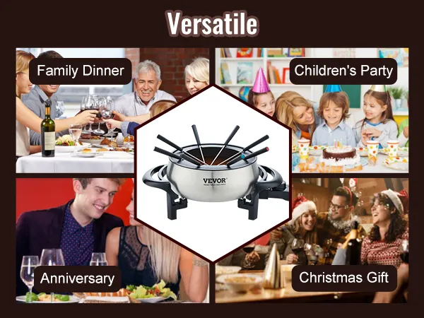 Olla de fondue eléctrica versátil VEVOR para cenas familiares, fiestas infantiles, aniversarios y regalos de Navidad.