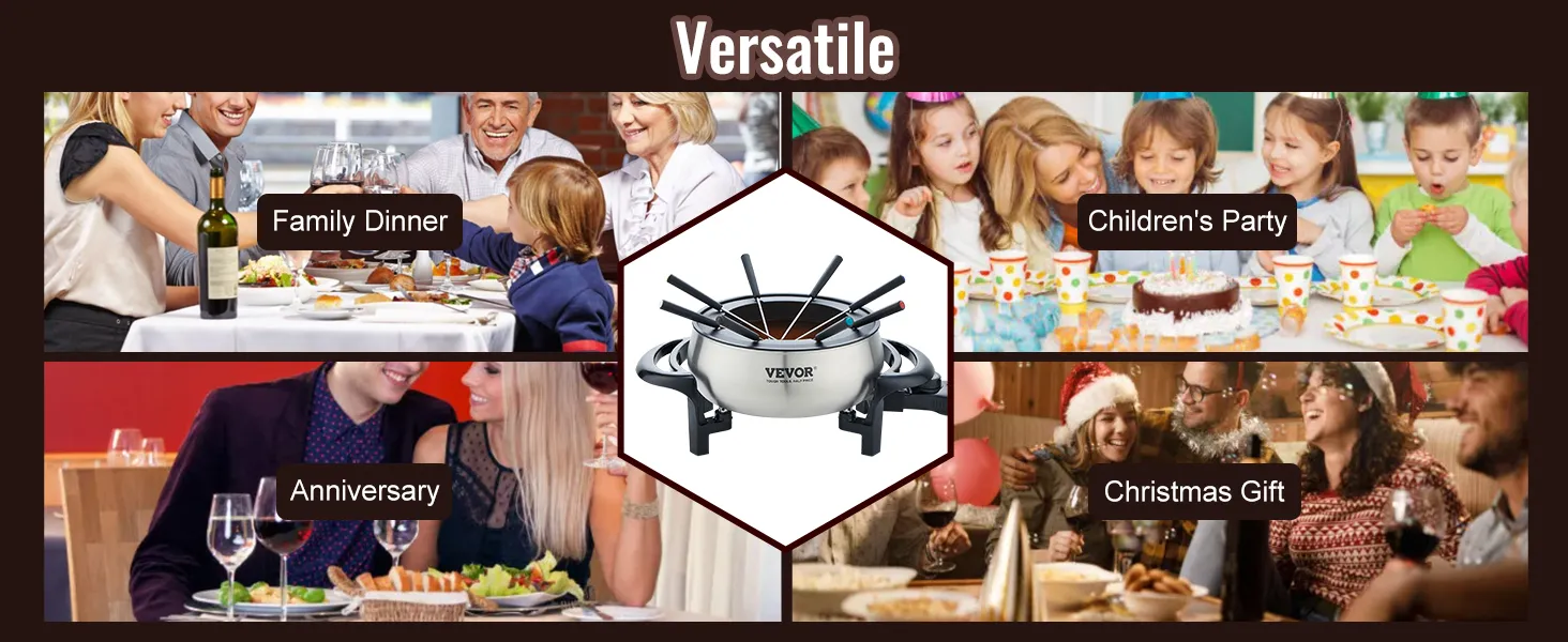 Olla de fondue eléctrica versátil VEVOR para cenas familiares, fiestas infantiles, aniversarios y regalos de Navidad.
