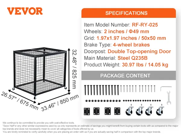VEVOR sports ball storage cart specifications: 2-inch wheels, steel q235b, double top-opening door.