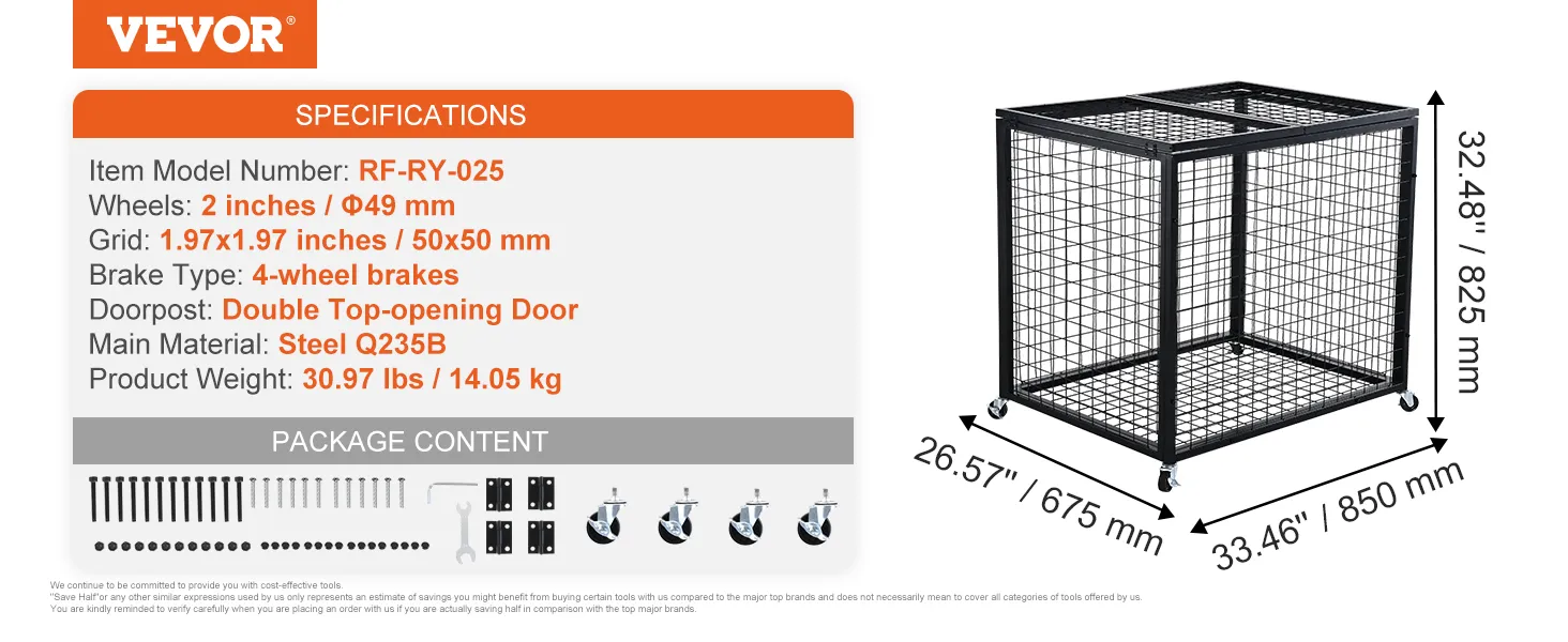 VEVOR sports ball storage cart specifications: 2-inch wheels, steel q235b, double top-opening door.