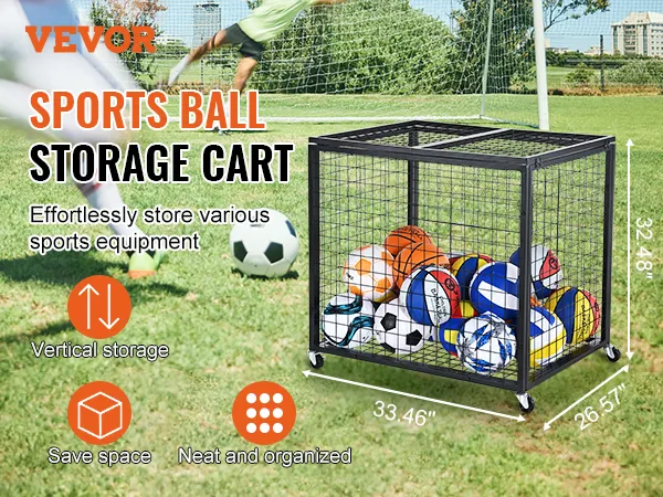 VEVOR sports ball storage cart on a soccer field, holding various sports balls, emphasizing vertical storage.