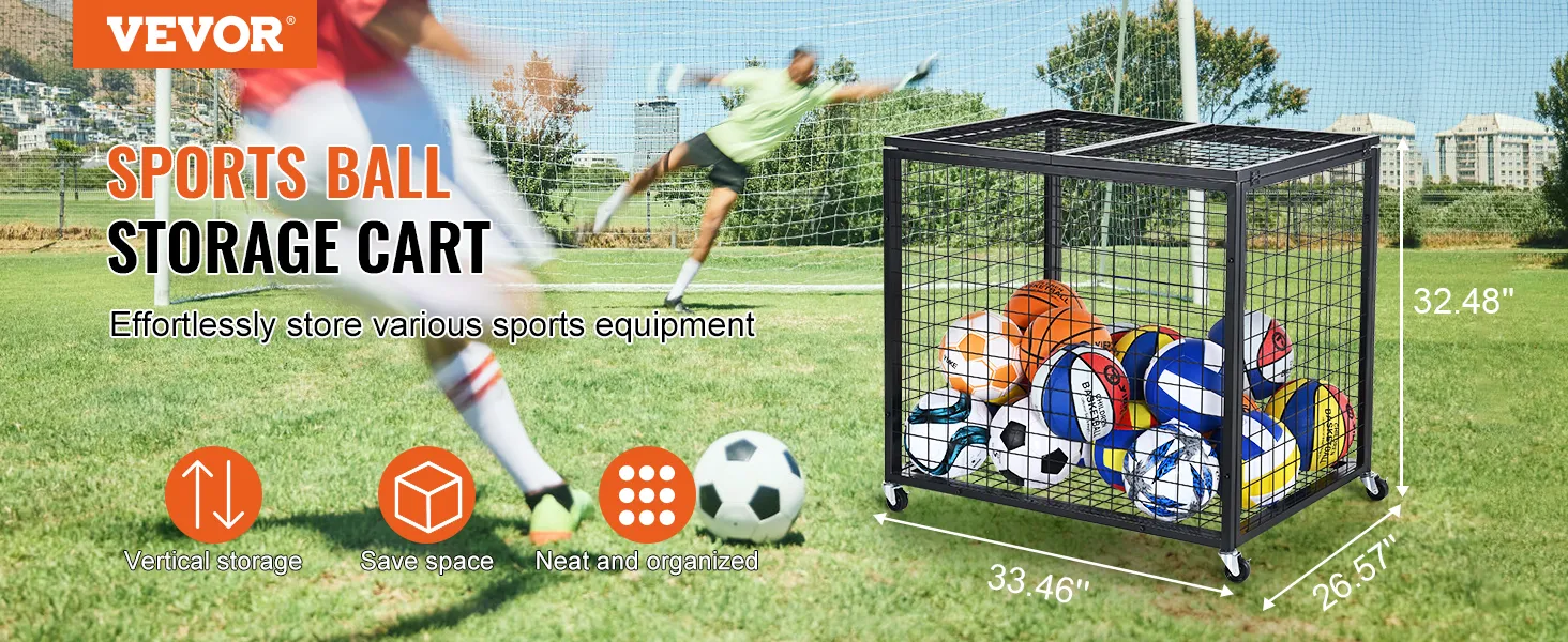 VEVOR sports ball storage cart on a soccer field, holding various sports balls, emphasizing vertical storage.