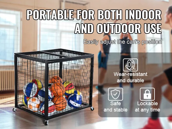 VEVOR sports ball storage cart in a gym with basketball players in the background. portable and lockable.