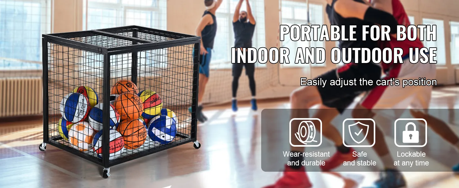 VEVOR sports ball storage cart in a gym with basketball players in the background. portable and lockable.