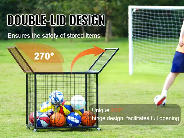 VEVOR sports ball storage cart with a lockable double-lid design and 270° hinge for easy access.