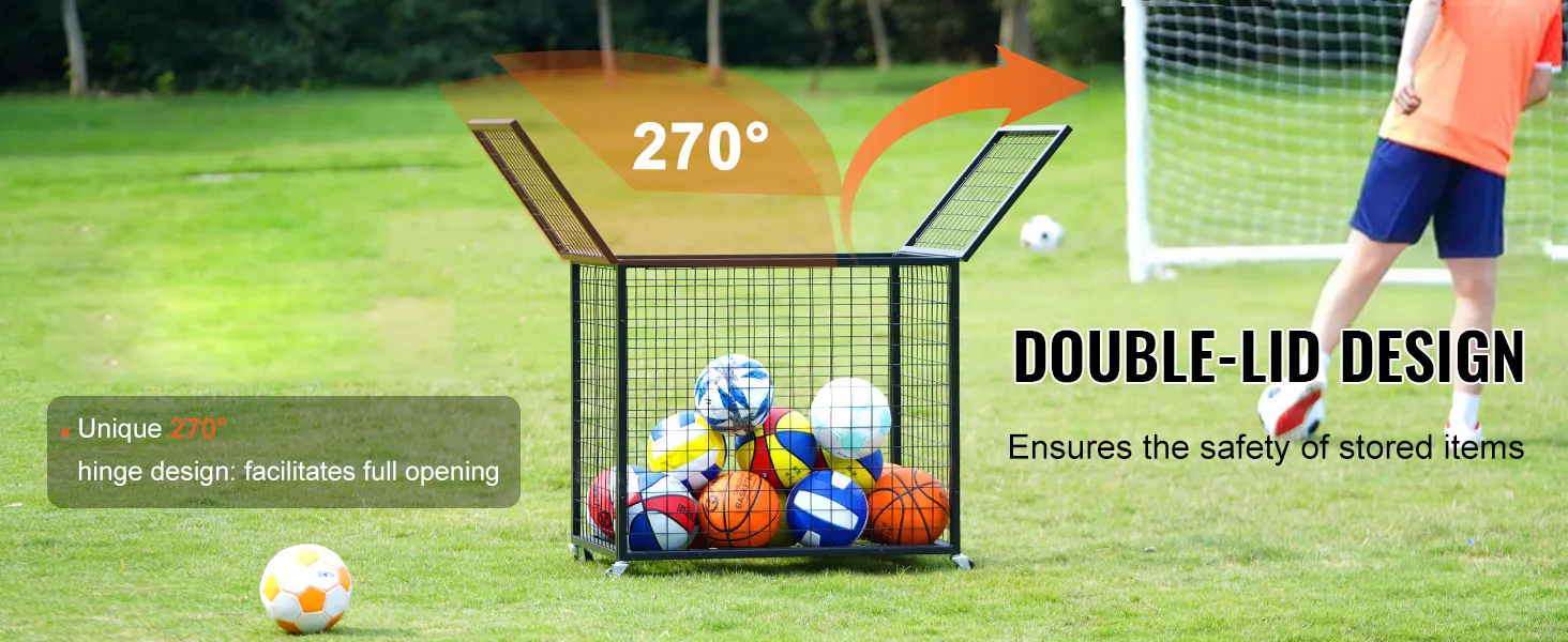 VEVOR sports ball storage cart with a lockable double-lid design and 270° hinge for easy access.
