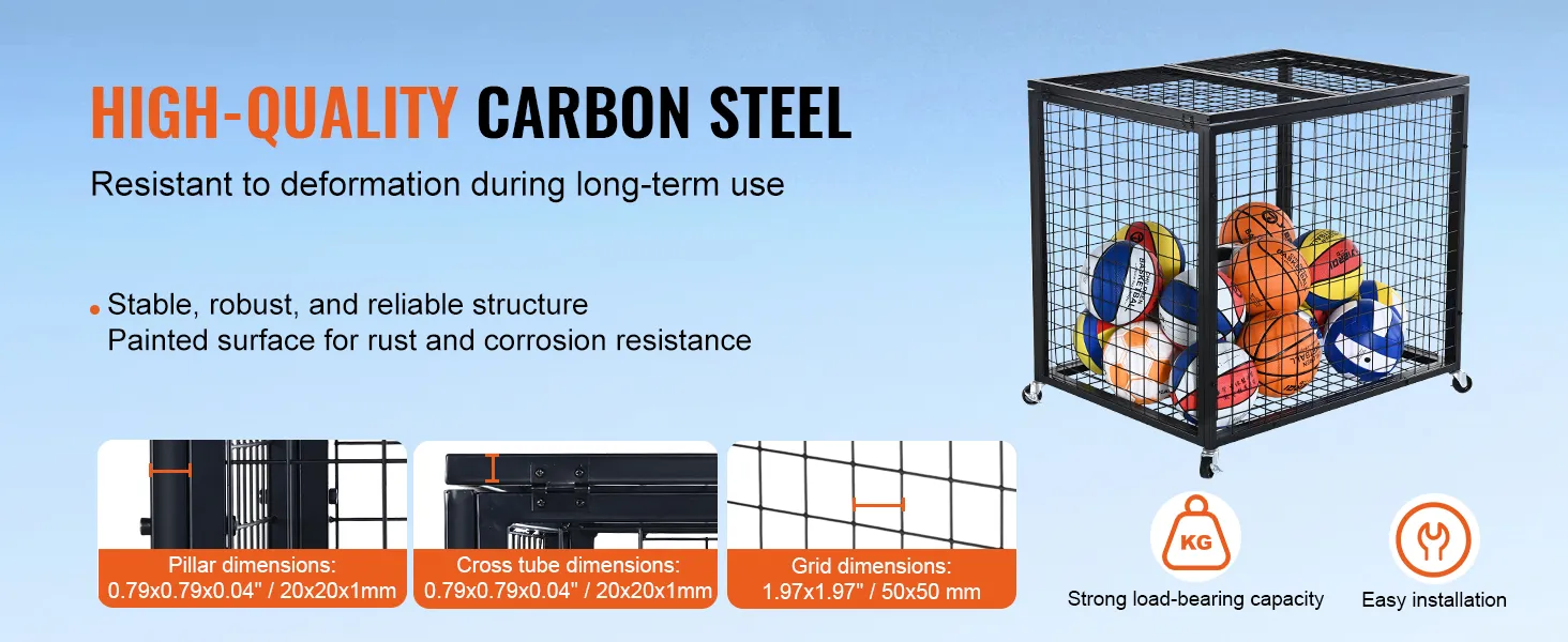 VEVOR sports ball storage cart made of high-quality carbon steel, stable and rust-resistant, holds various balls.