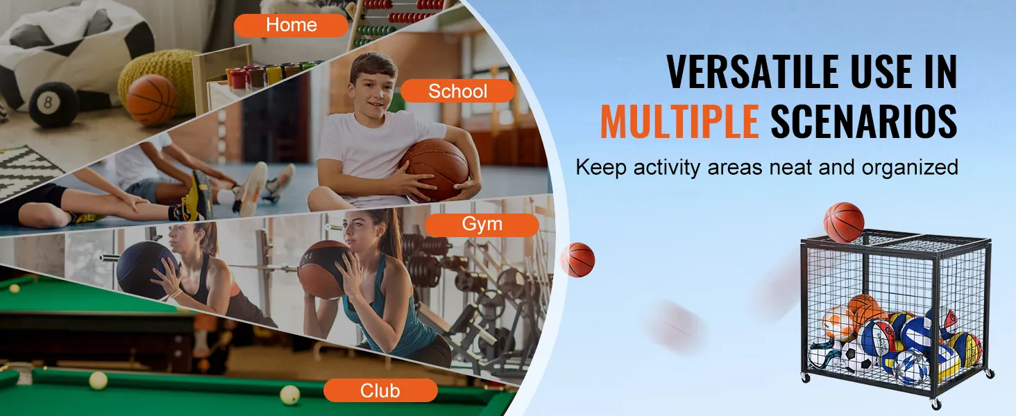VEVOR sports ball storage cart at home, school, gym, and club for organized activity areas.