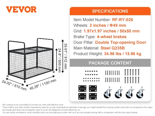 VEVOR sports ball storage cart with steel grid, double top-opening door, and 4-wheel braking system.