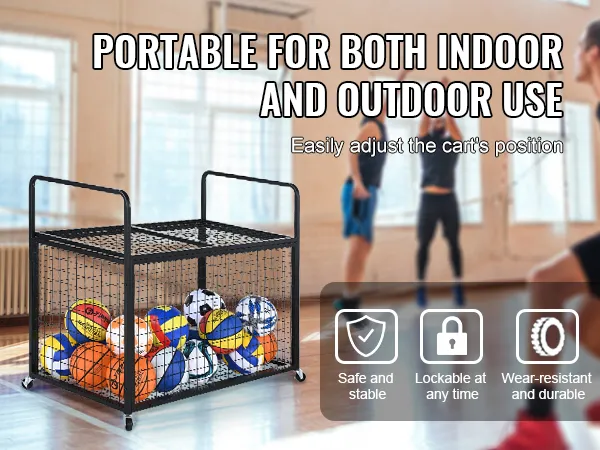 VEVOR sports ball storage cart for indoor and outdoor use, loaded with various sports balls.