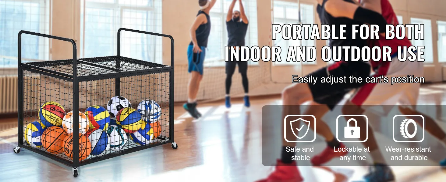 VEVOR sports ball storage cart for indoor and outdoor use, loaded with various sports balls.