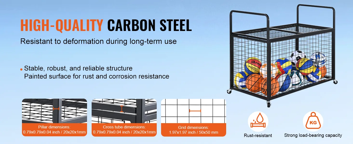 VEVOR sports ball storage cart, robust carbon steel, painted for rust resistance, holding various balls.