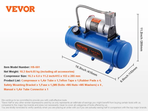 VEVOR 12v air compressor with model hs-661, 10.3 lbs, size 16.3x6.0x11.2 inches, detailed product list.