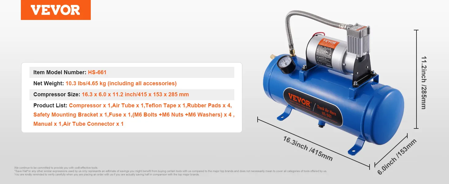 VEVOR 12v air compressor with model hs-661, 10.3 lbs, size 16.3x6.0x11.2 inches, detailed product list.