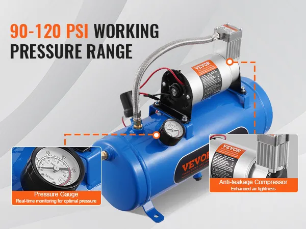 VEVOR 12v air compressor with 90-120 psi working pressure, featuring pressure gauge and anti-leakage design.