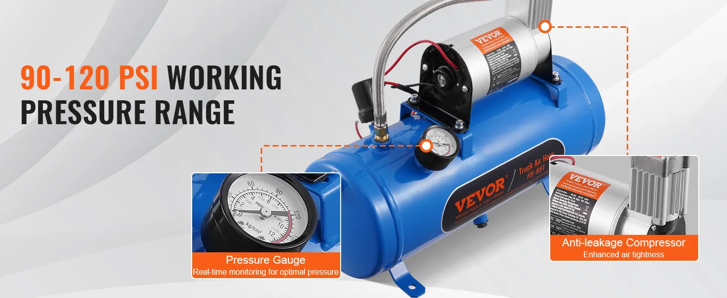 VEVOR 12v air compressor with 90-120 psi working pressure, featuring pressure gauge and anti-leakage design.