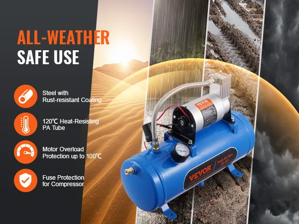 VEVOR 12v air compressor with rust-resistant coating, heat-resisting pa tube, and motor overload protection.