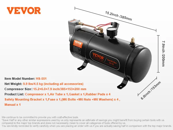 VEVOR treinhoorn luchtcompressor, model hs-551, 15,2 x 6,0 x 7,9 inch, 9,9 lbs met accessoires.