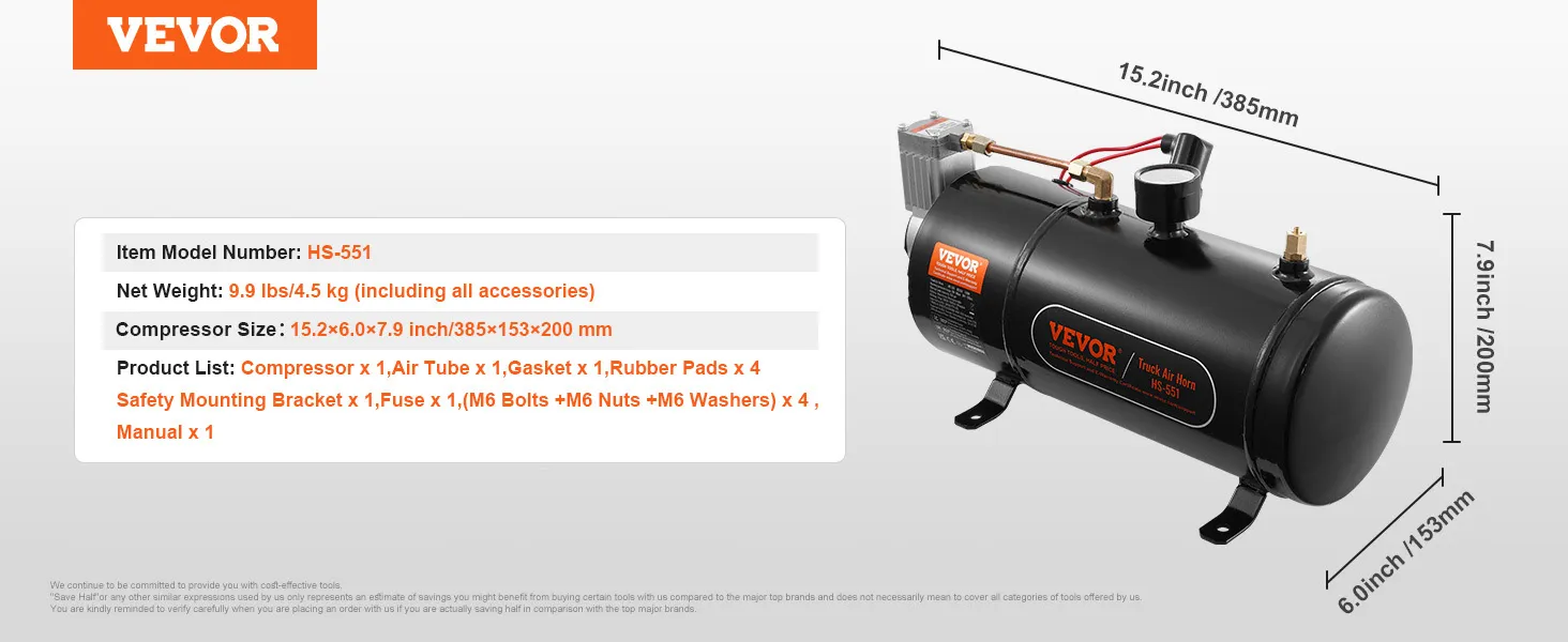 VEVOR treinhoorn luchtcompressor, model hs-551, 15,2 x 6,0 x 7,9 inch, 9,9 lbs met accessoires.