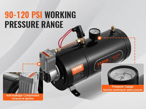 VEVOR-treinhoornluchtcompressor met 90-120 psi, anti-lekcompressor en realtime drukmeter.