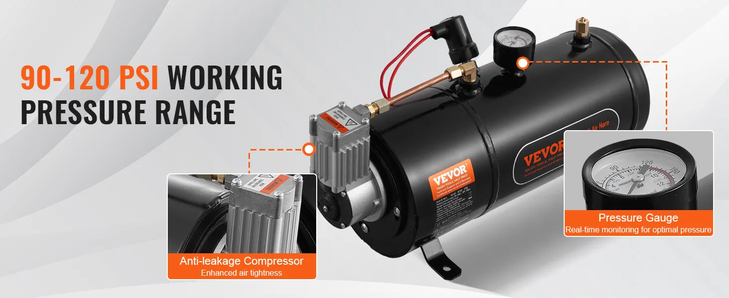 VEVOR-treinhoornluchtcompressor met 90-120 psi, anti-lekcompressor en realtime drukmeter.