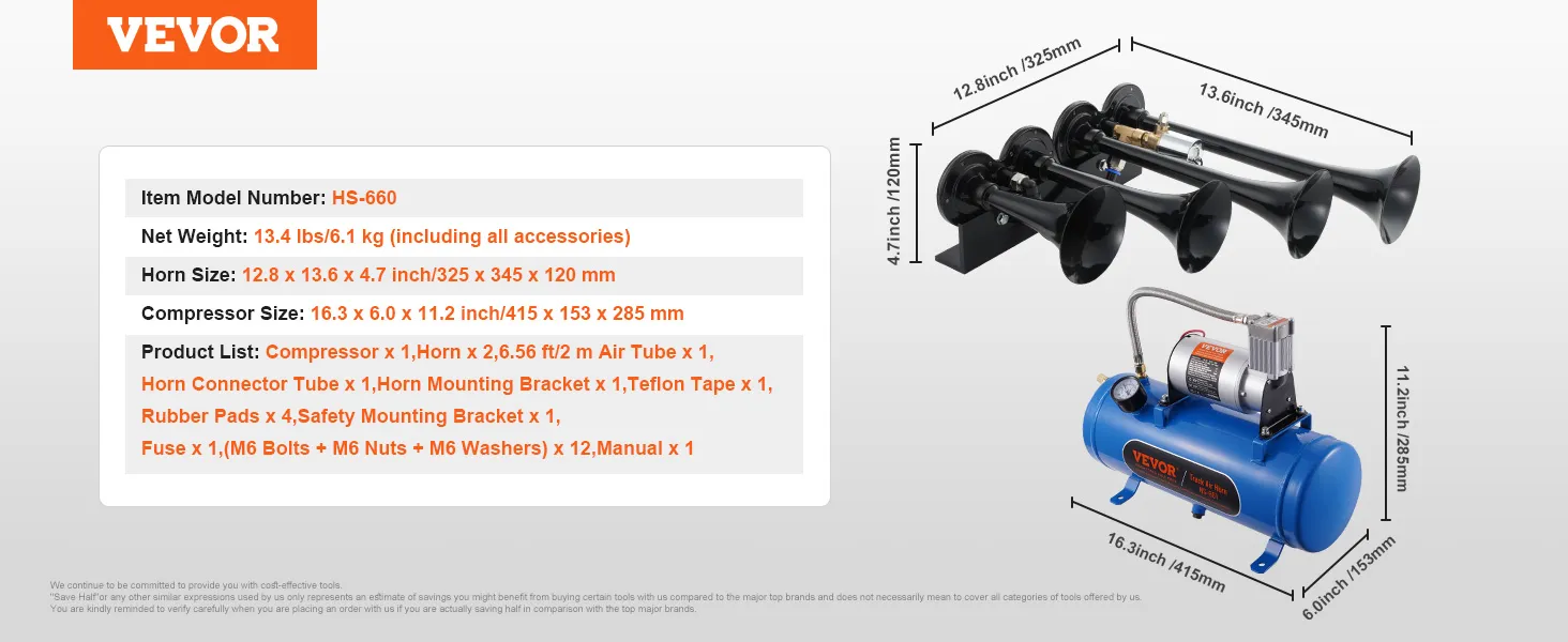 VEVOR train horn kit model hs-660 with detailed dimensions, components, and accessories.