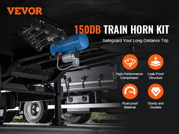 VEVOR train horn kit 150db, high-performance compressor, leak-proof, rust-proof, durable design.