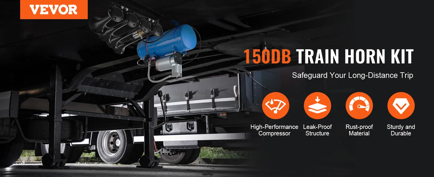 VEVOR train horn kit 150db, high-performance compressor, leak-proof, rust-proof, durable design.