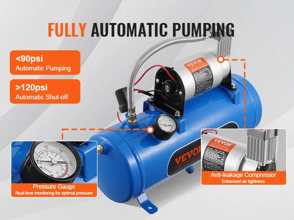 VEVOR train horn kit with automatic pumping, pressure gauge, and anti-leakage compressor.