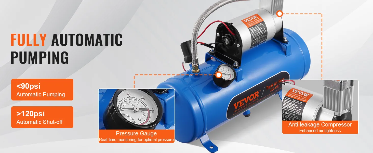 VEVOR train horn kit with automatic pumping, pressure gauge, and anti-leakage compressor.