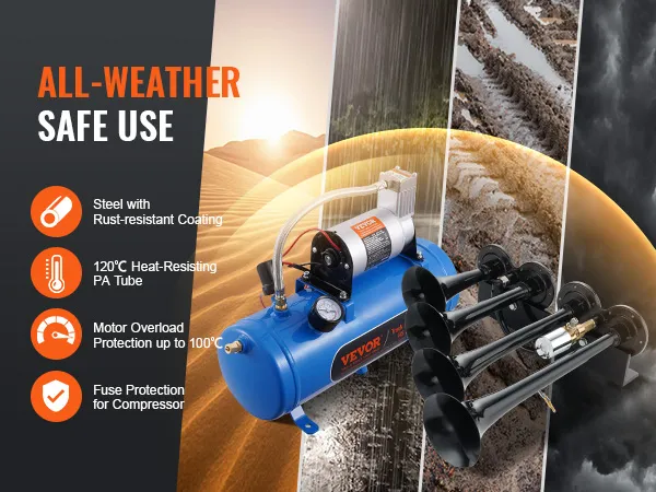 VEVOR train horn kit with rust-resistant steel, heat-resisting pa tube, and motor overload protection.
