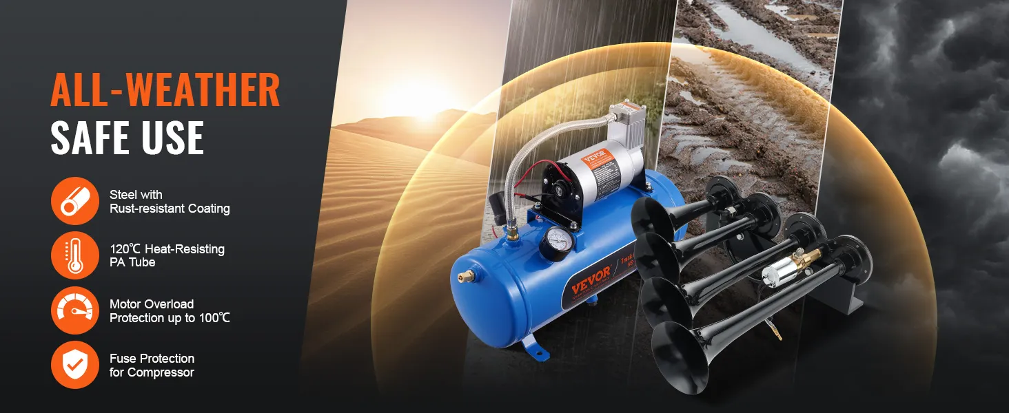 VEVOR train horn kit with rust-resistant steel, heat-resisting pa tube, and motor overload protection.