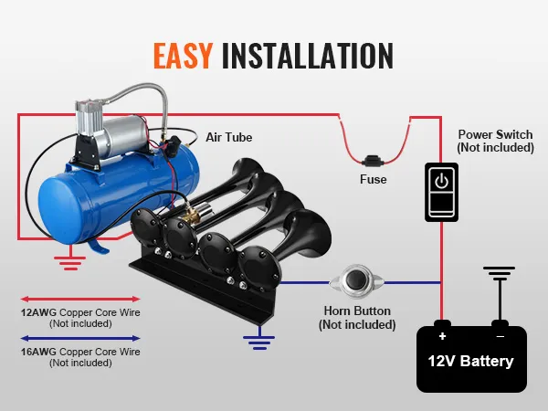 VEVOR train horn kit easy installation diagram with components, air tube, and wiring instructions.