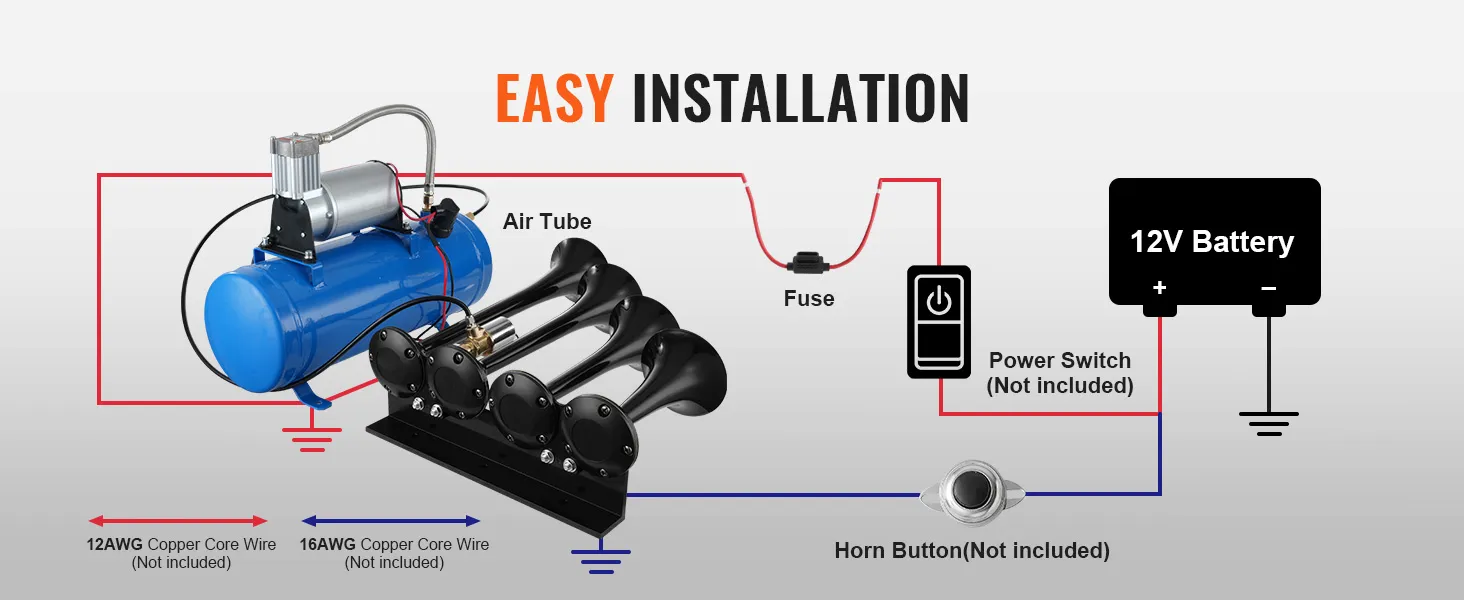 VEVOR train horn kit easy installation diagram with components, air tube, and wiring instructions.