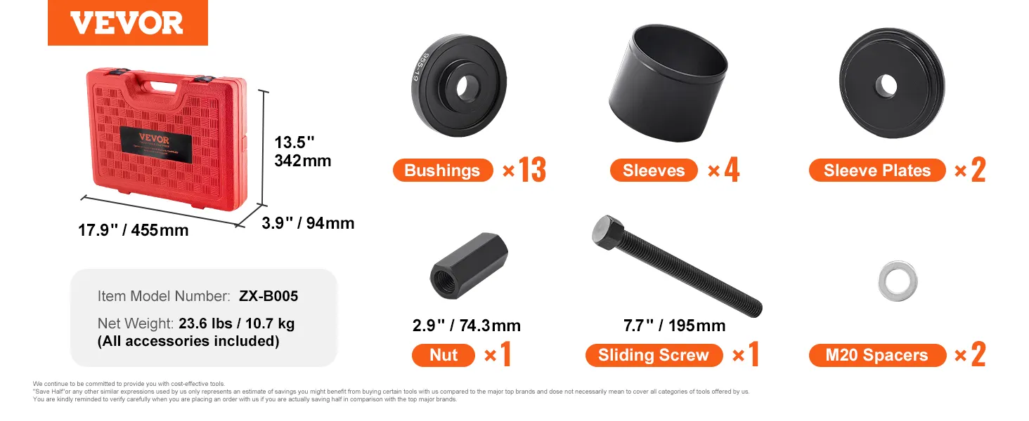 VEVOR wheel bearing press kit, red case with bushings, sleeves, sleeve plates, nut, sliding screw, and spacers.